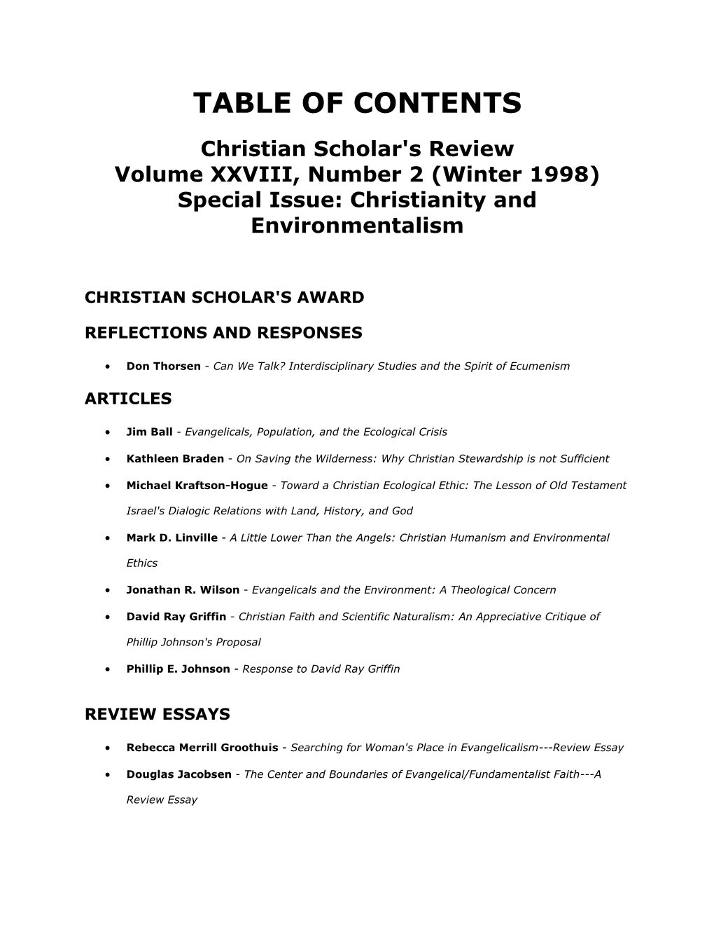 TABLE of CONTENTS Christian Scholar's Review Volume XXVIII, Number 2 (Winter 1998) Special Issue: Christianity and Environmentalism