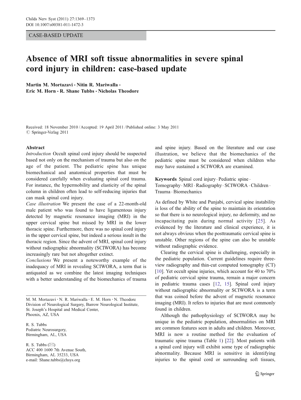 Absence of MRI Soft Tissue Abnormalities in Severe Spinal Cord Injury in Children: Case-Based Update