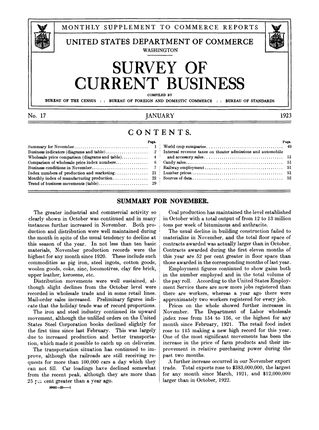 Survey of Current Business January 1923