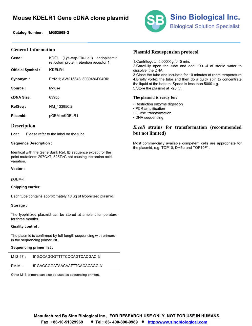 Mouse KDELR1 Gene Cdna Clone Plasmid