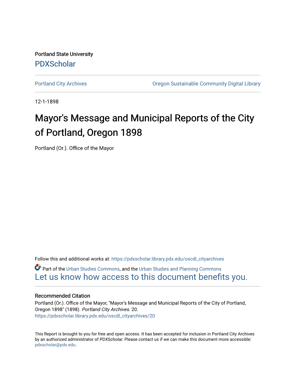 Mayor's Message and Municipal Reports of the City of Portland, Oregon 1898
