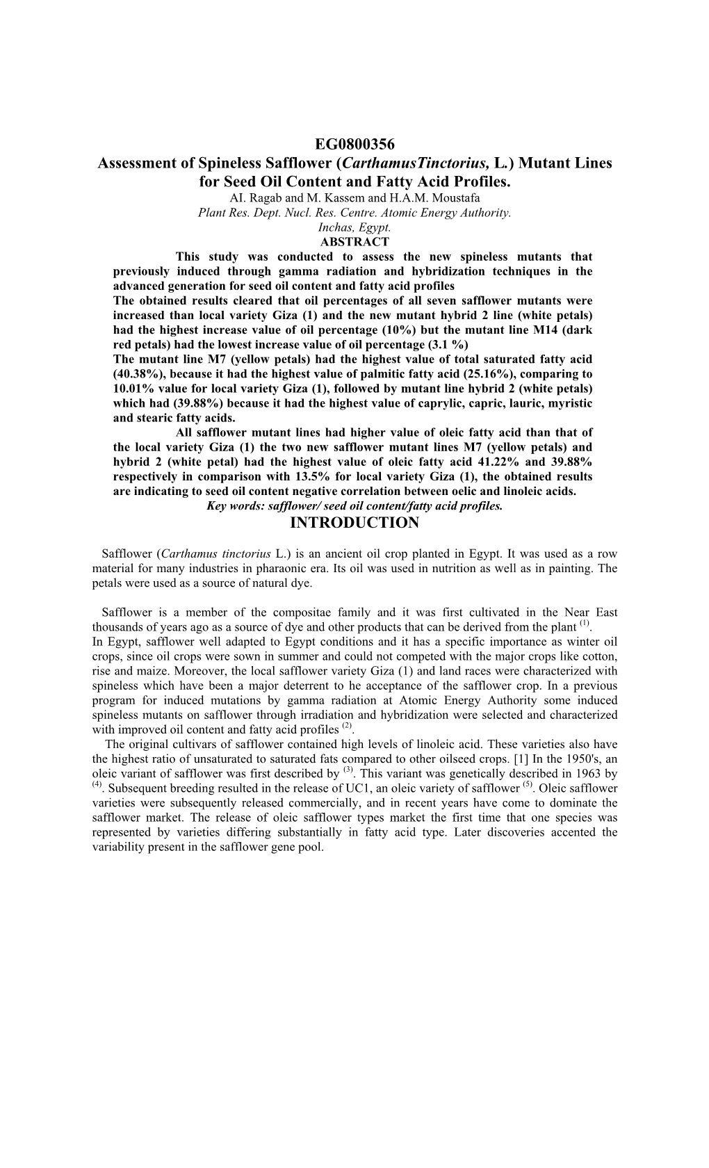 Assesment of Spineless Safflower (Carthamus Tinctorius, L.) Mutant