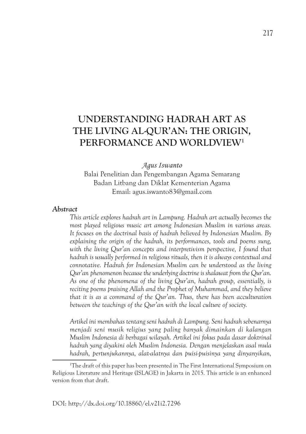 Understanding Hadrah Art As the Living Al-Qur’An: the Origin, Performance and Worldview1