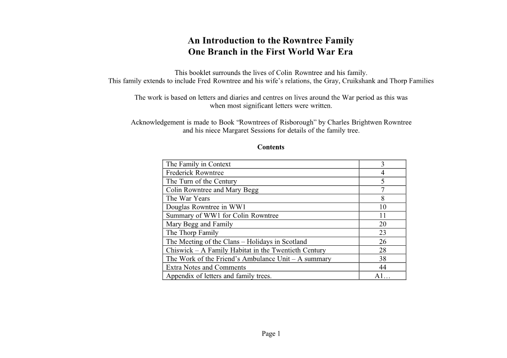 An Introduction to the Rowntree Family One Branch in the First World War Era