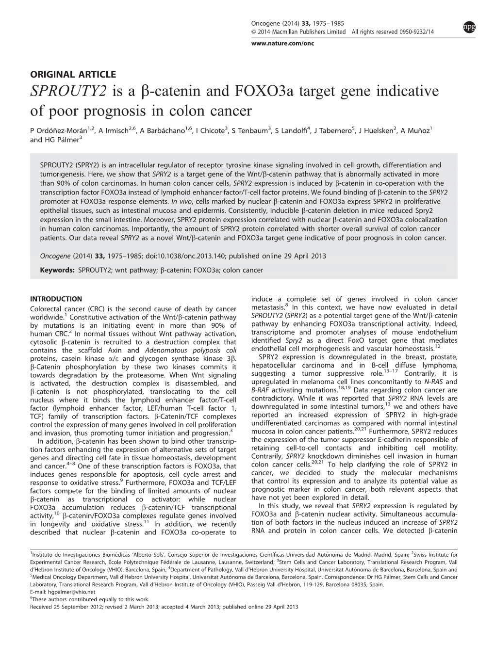 Catenin and Foxo3a Target Gene Indicative of Poor Prognosis in Colon Cancer