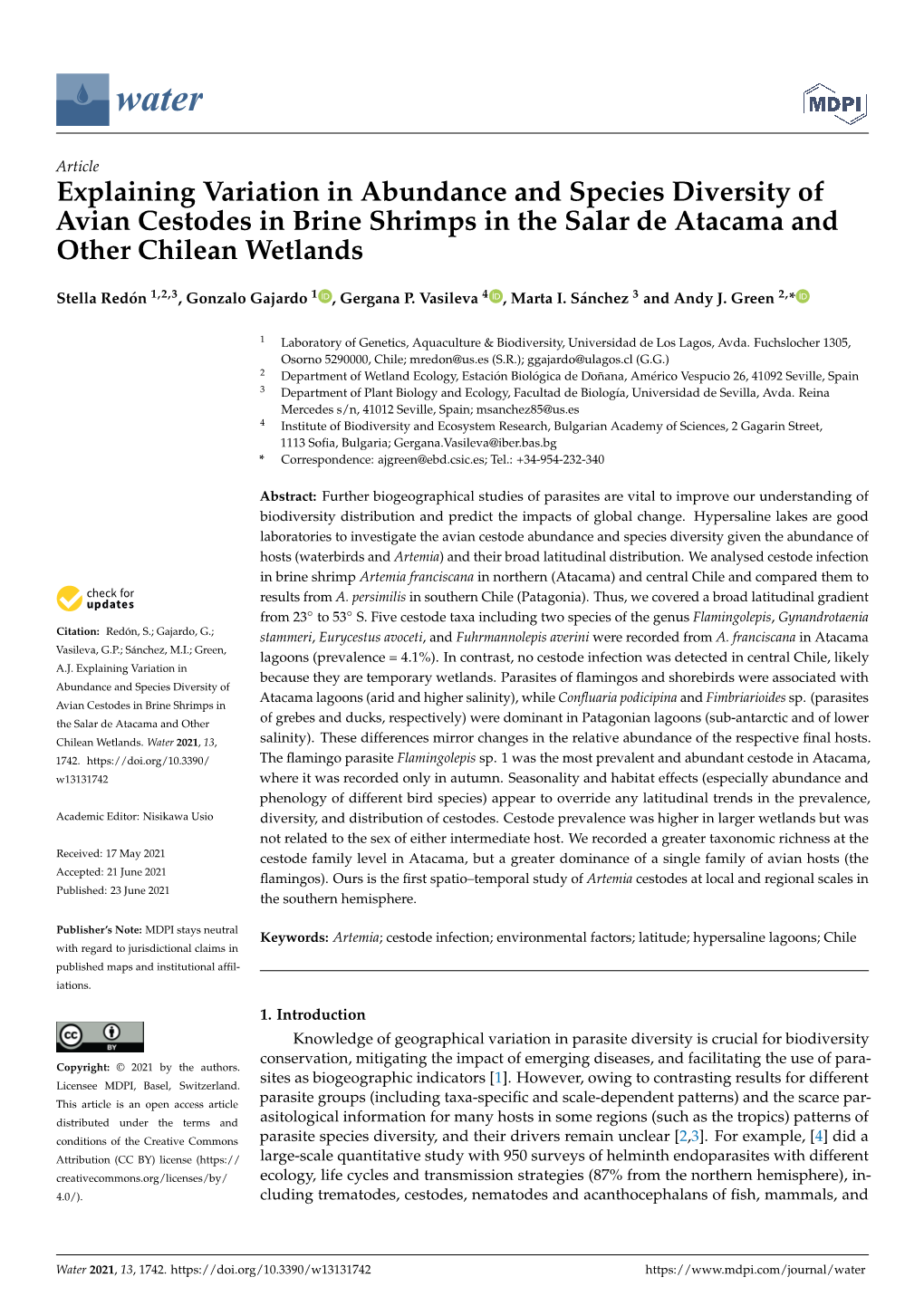 Explaining Variation in Abundance and Species Diversity of Avian Cestodes in Brine Shrimps in the Salar De Atacama and Other Chilean Wetlands