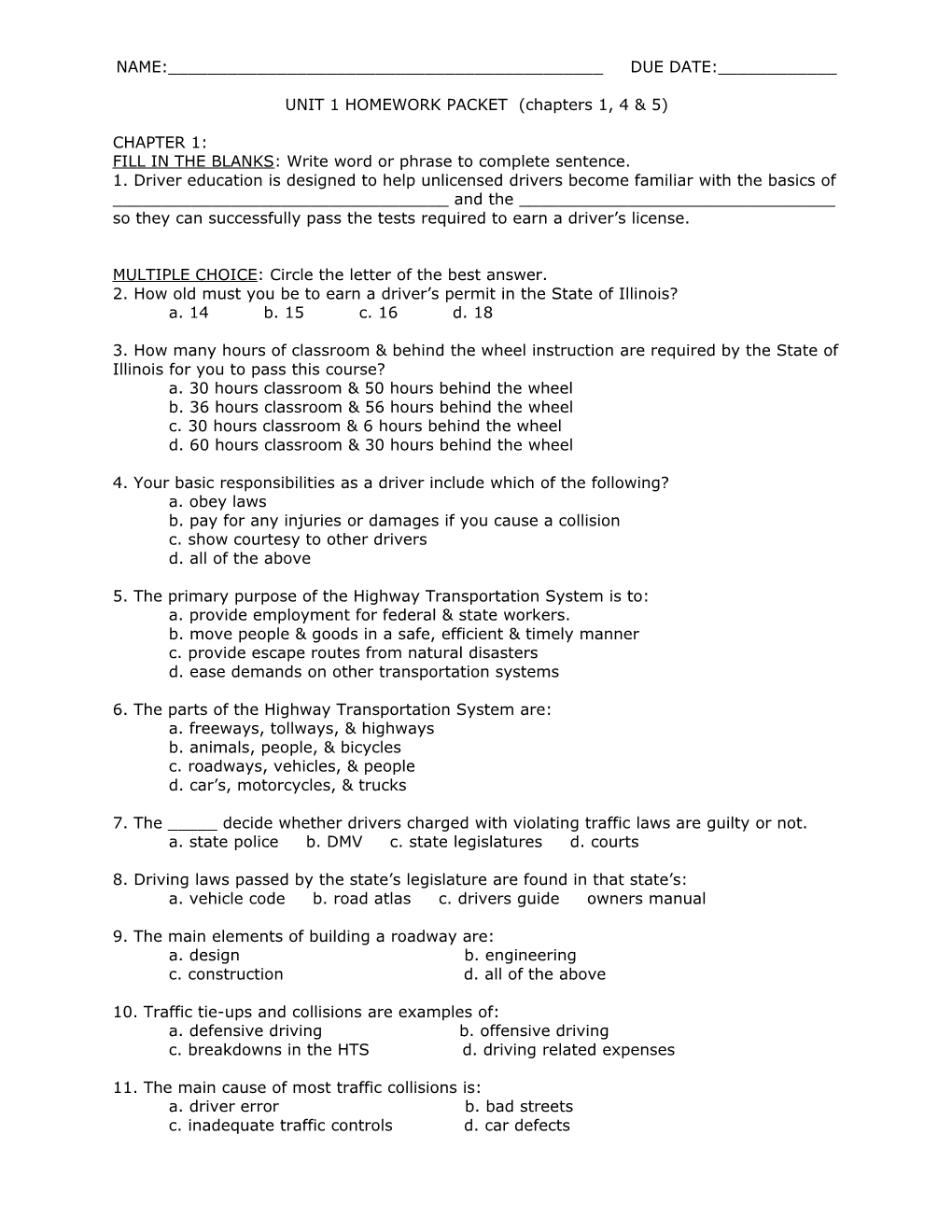 UNIT 1 HOMEWORK PACKET (Chapters 1, 4 & 5)