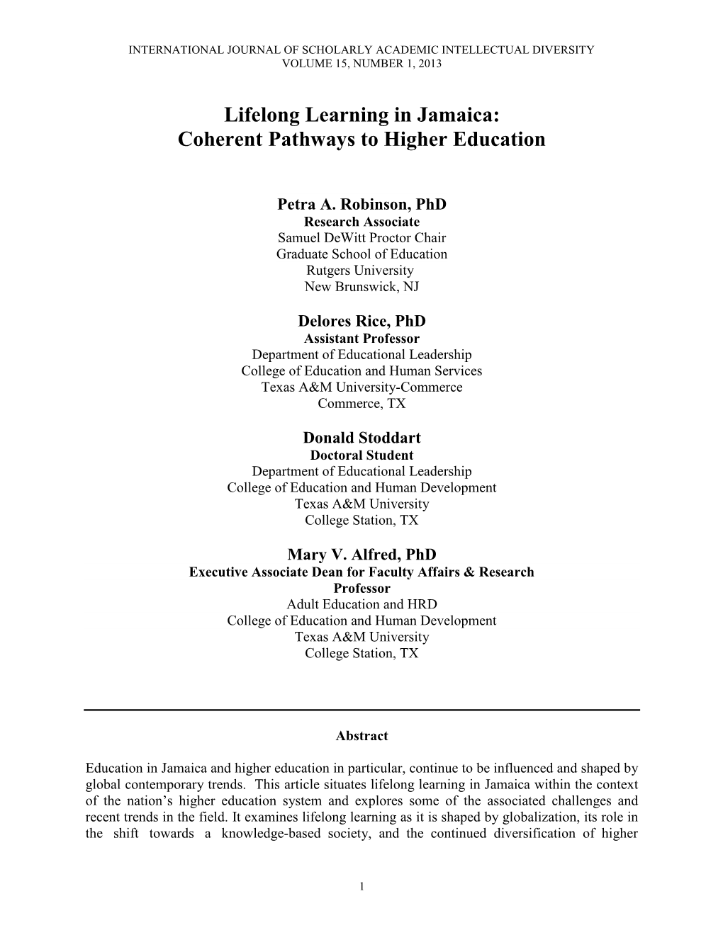 Lifelong Learning in Jamaica: Coherent Pathways to Higher Education
