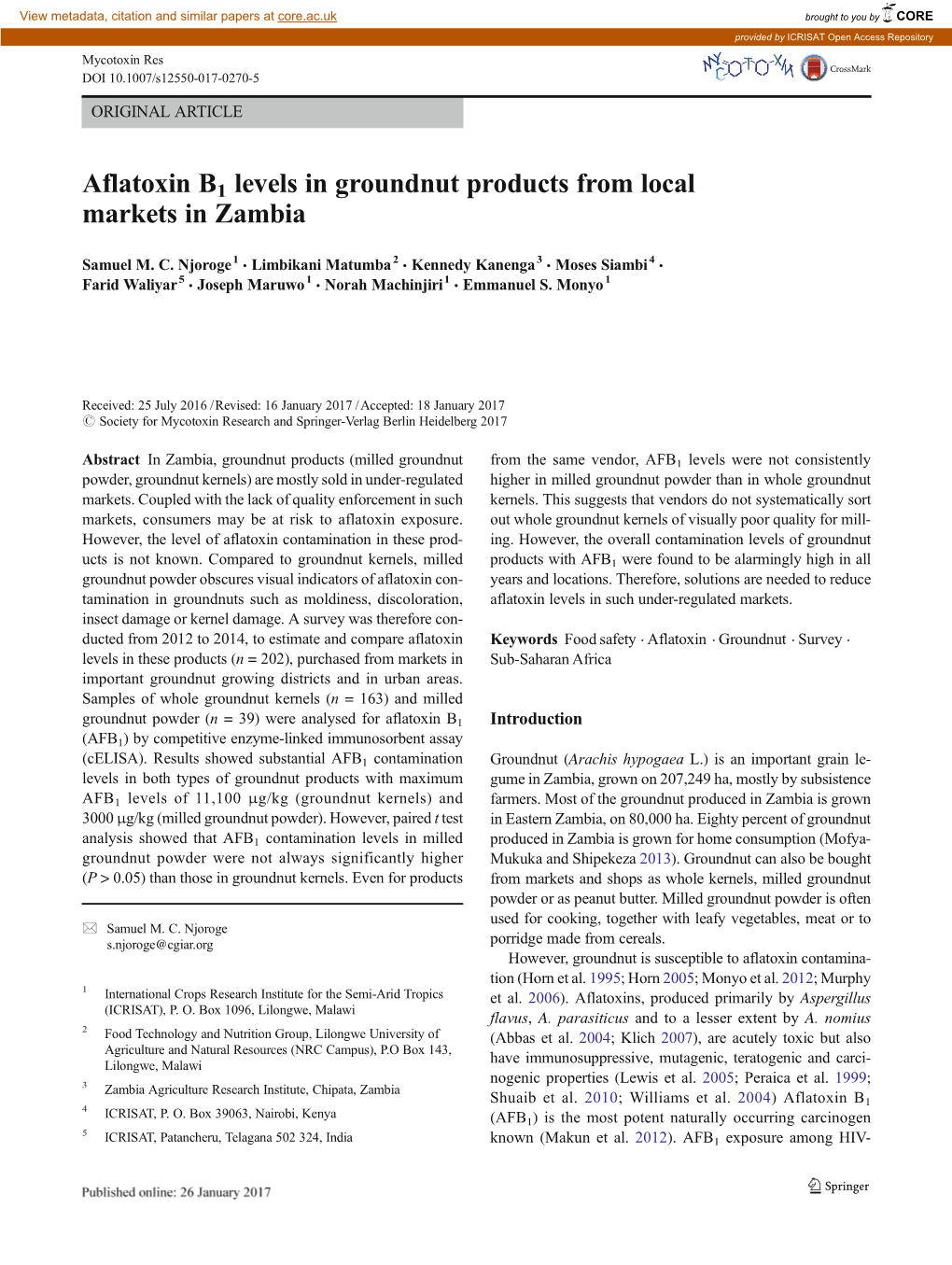 Aflatoxin B1 Levels in Groundnut Products from Local Markets in Zambia
