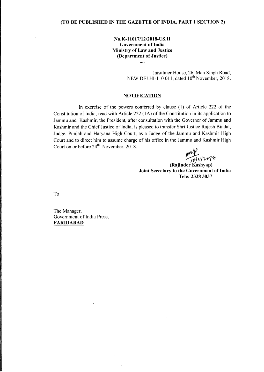 Transfer of Shri Justice Rajesh Bindal, Judge, P& H HC to J&K HC