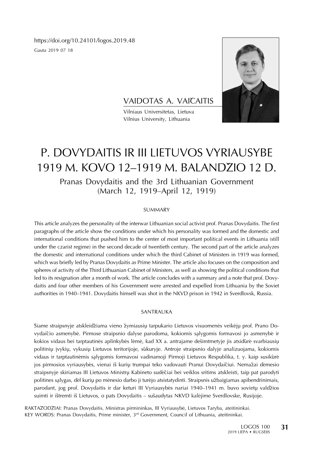 P. Dovydaitis Ir III Lietuvos Vyriausybė 1919 M. Kovo 12–1919 M