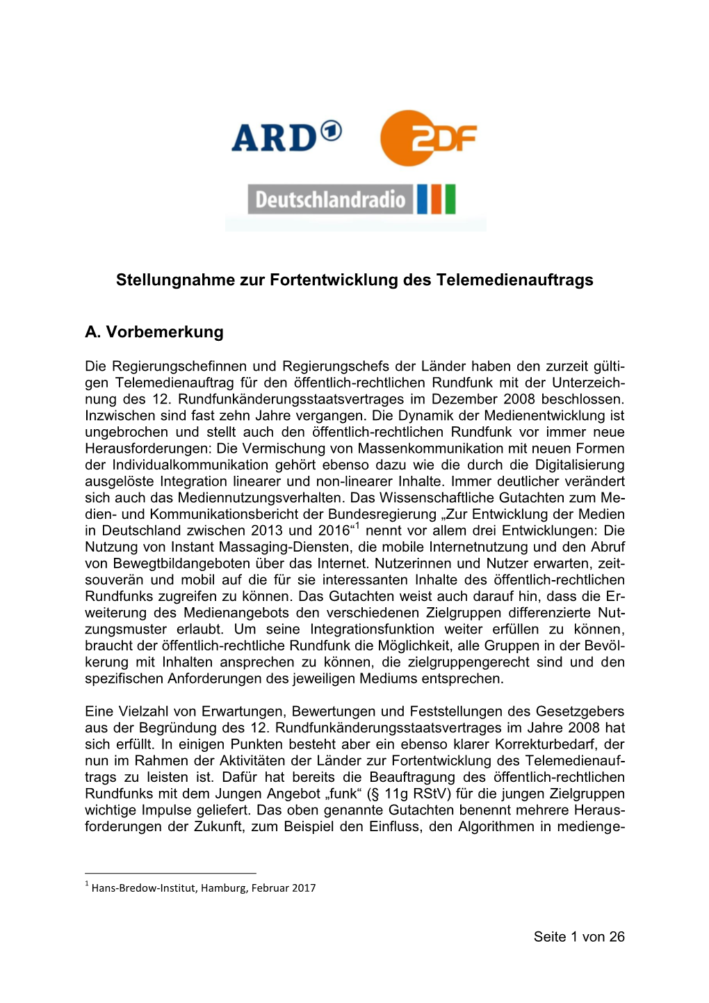 Stellungnahme Zur Fortentwicklung Des Telemedienauftrags