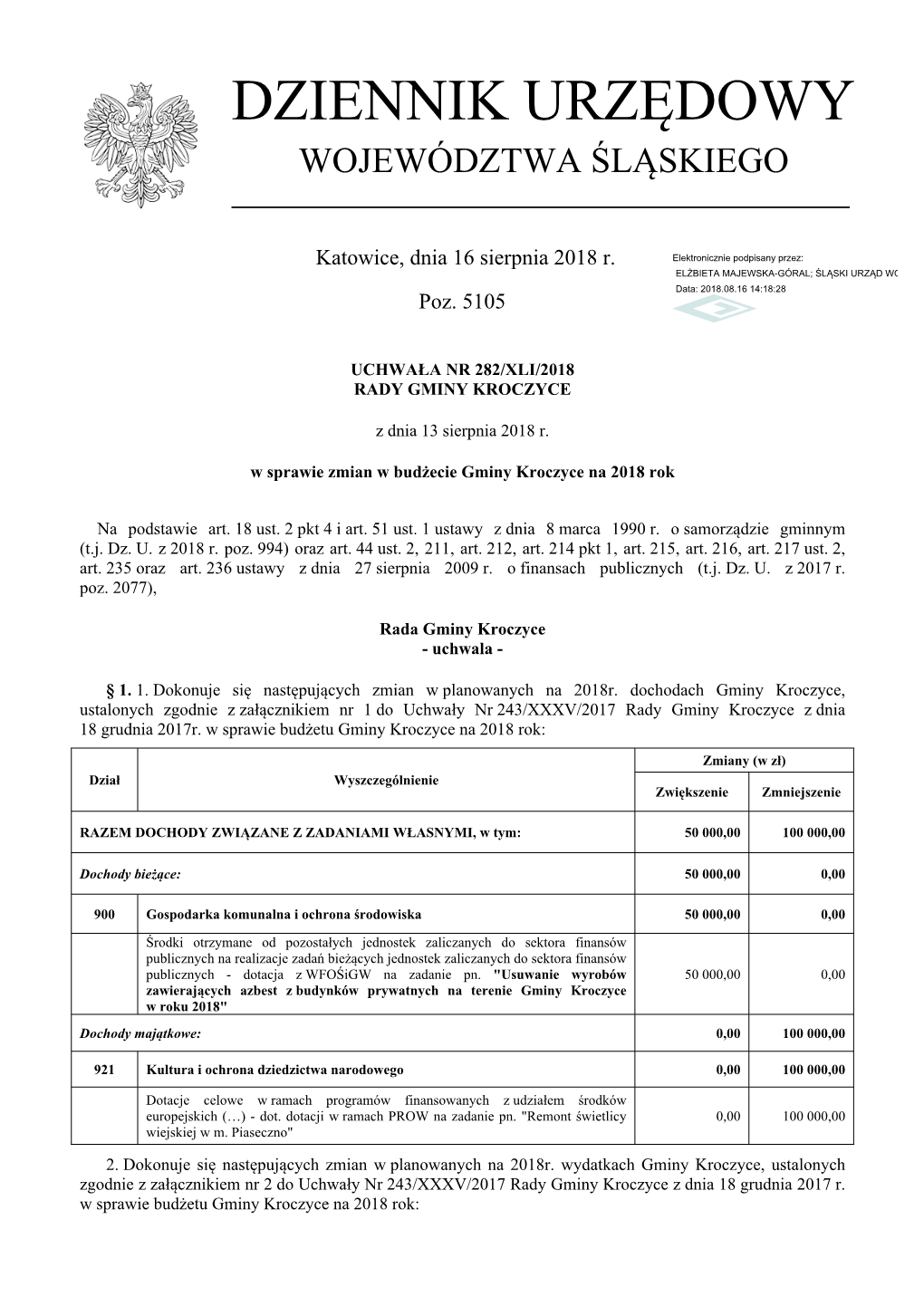 Uchwala Nr 282/XLI/2018 Z Dnia 13 Sierpnia 2018 R