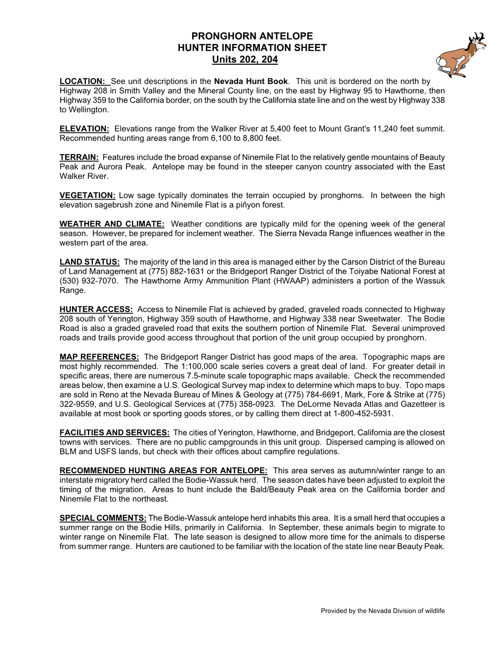 PRONGHORN ANTELOPE HUNTER INFORMATION SHEET Units 202, 204