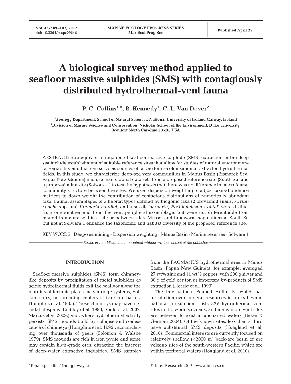 A Biological Survey Method Applied to Seafloor Massive Sulphides (SMS) with Contagiously Distributed Hydrothermal-Vent Fauna