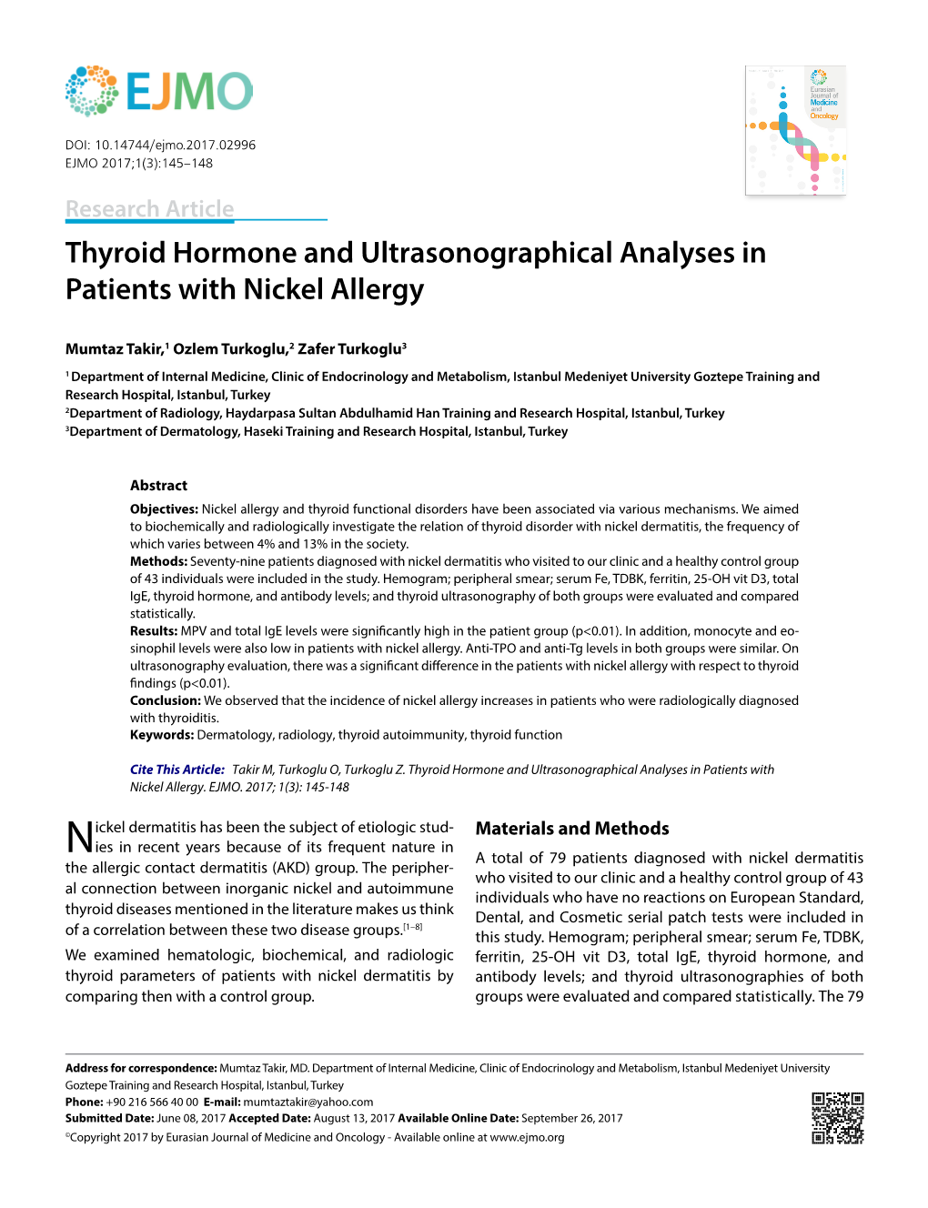 Thyroid Hormone and Ultrasonographical Analyses in Patients with Nickel Allergy