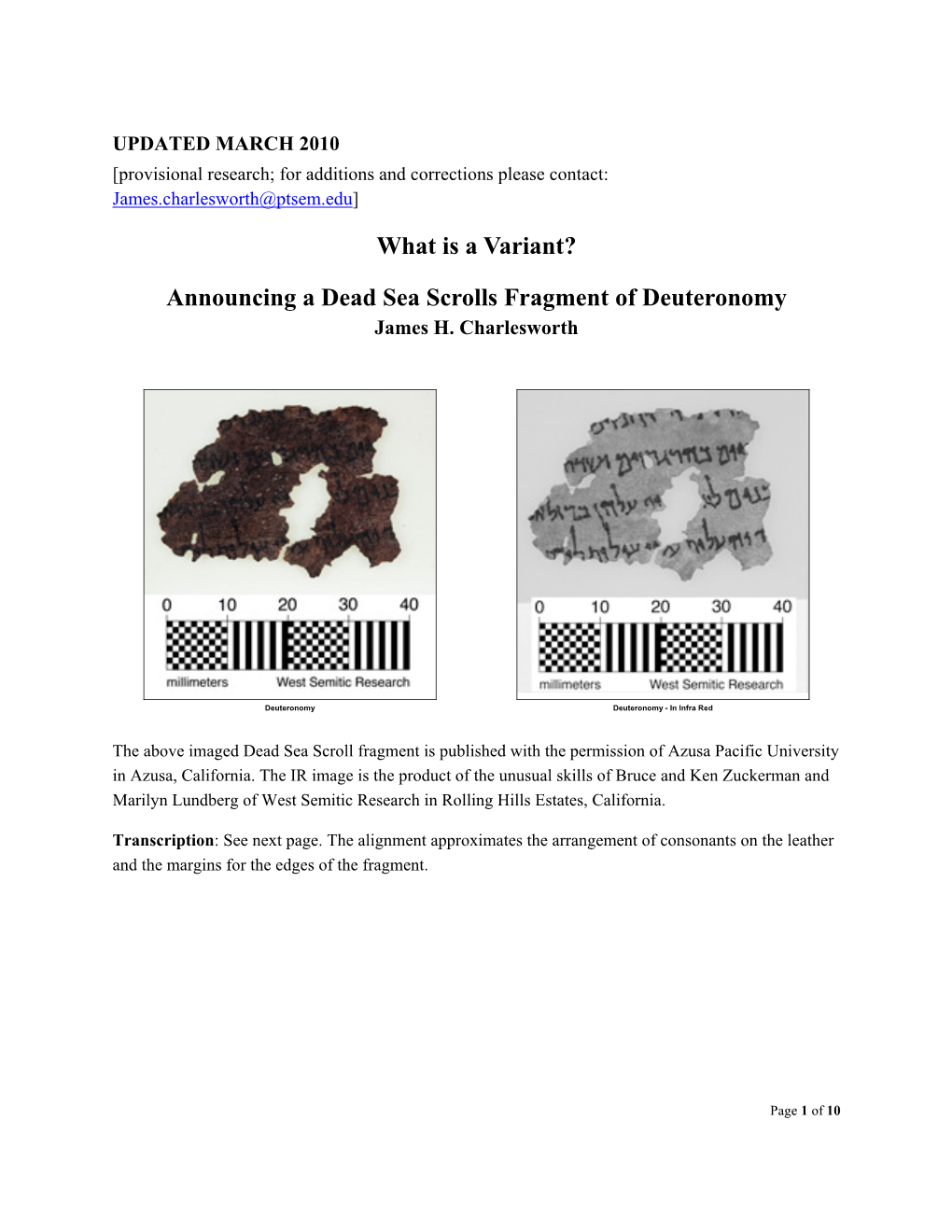 Announcing a Dead Sea Scrolls Fragment of Deuteronomy James H