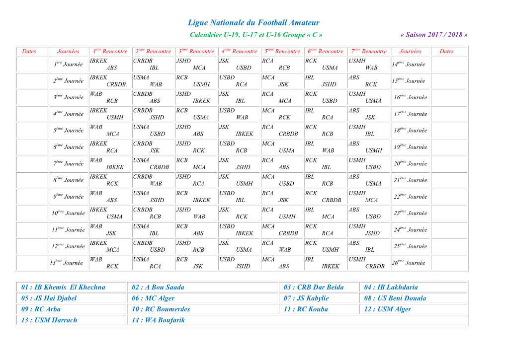 Ligue Nationale Du Football Amateur Calendrier U-19, U-17 Et U-16 Groupe « C » « Saison 2017 / 2018 »