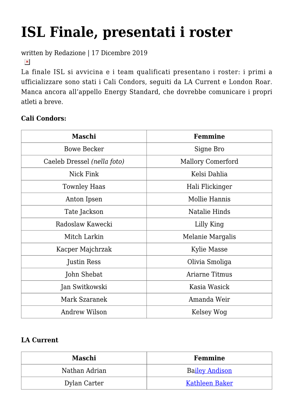 ISL Finale, Presentati I Roster Written by Redazione | 17 Dicembre 2019