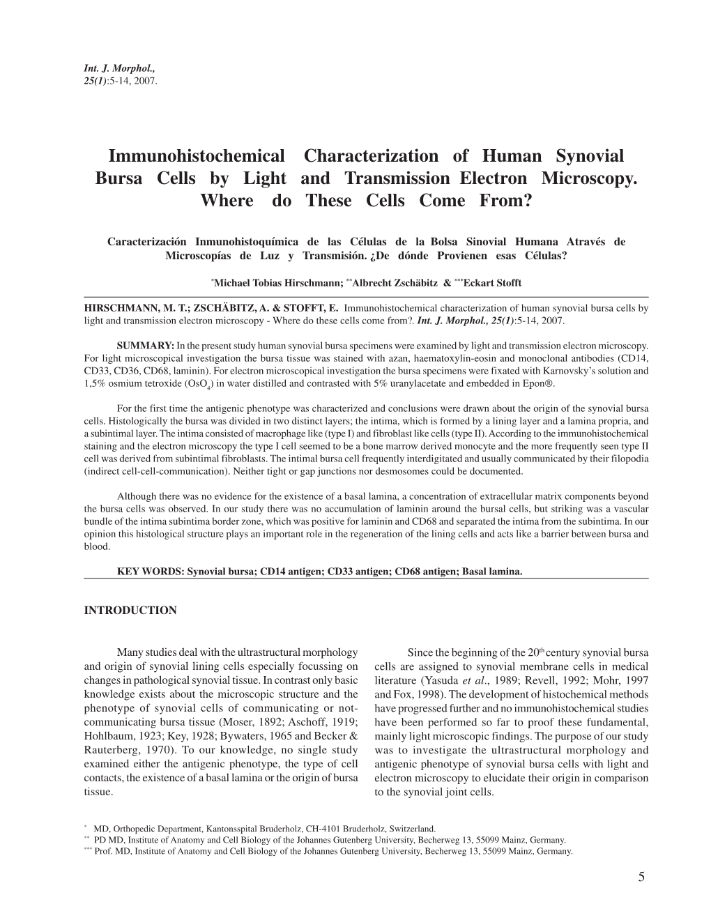 Immunohistochemical Characterization of Human Synovial Bursa Cells by Light and Transmission Electron Microscopy