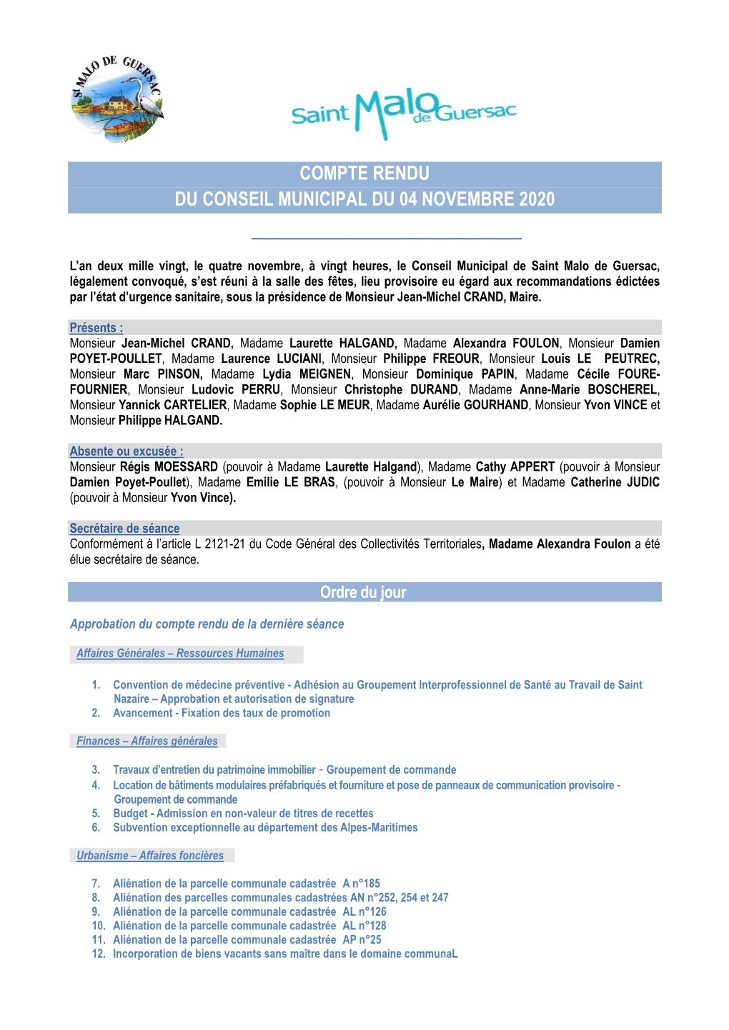 Compte Rendu Du Conseil Municipal Du 04 Novembre 2020