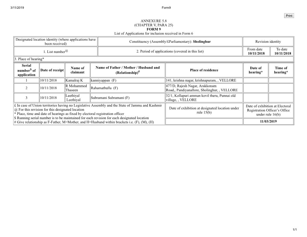 ANNEXURE 5.8 (CHAPTER V, PARA 25) FORM 9 List of Applications For