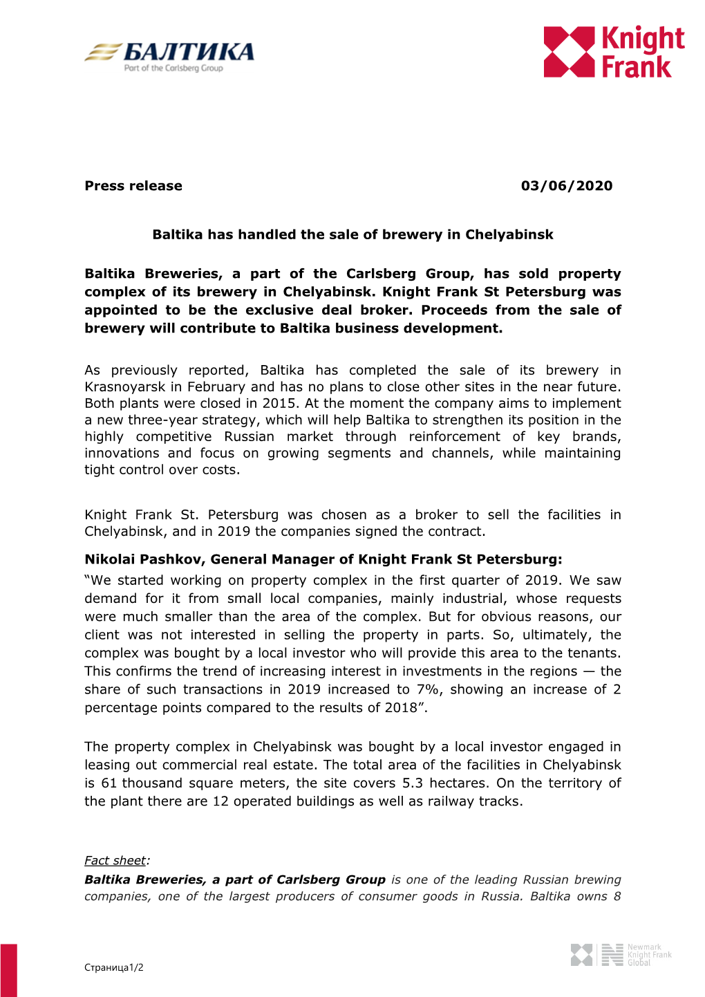 Press Release 03/06/2020 Baltika Has Handled The