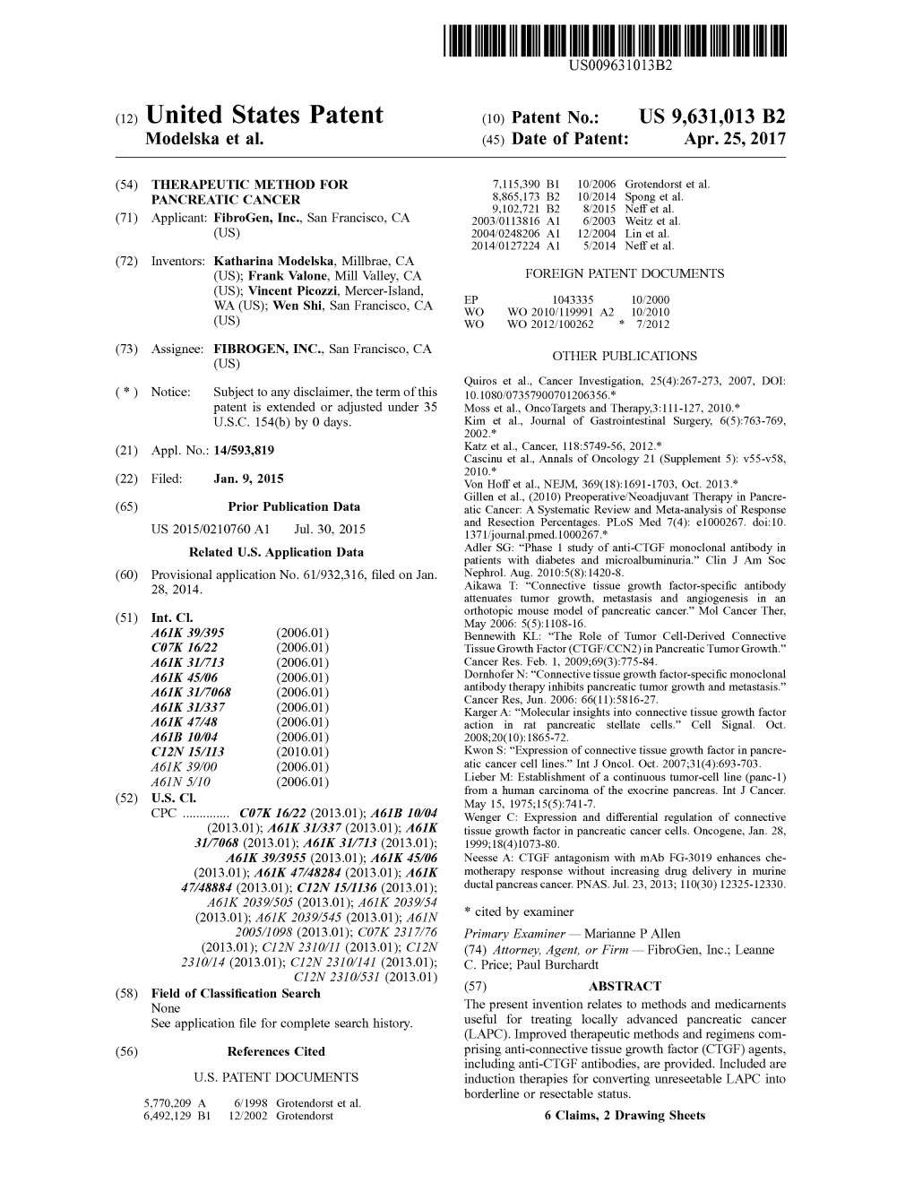 (12) United States Patent (10) Patent No.: US 9,631,013 B2 Modelska Et Al