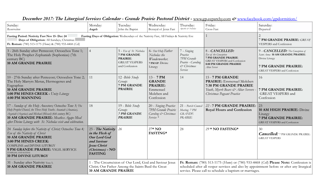 December 2017: the Liturgical Services Calendar