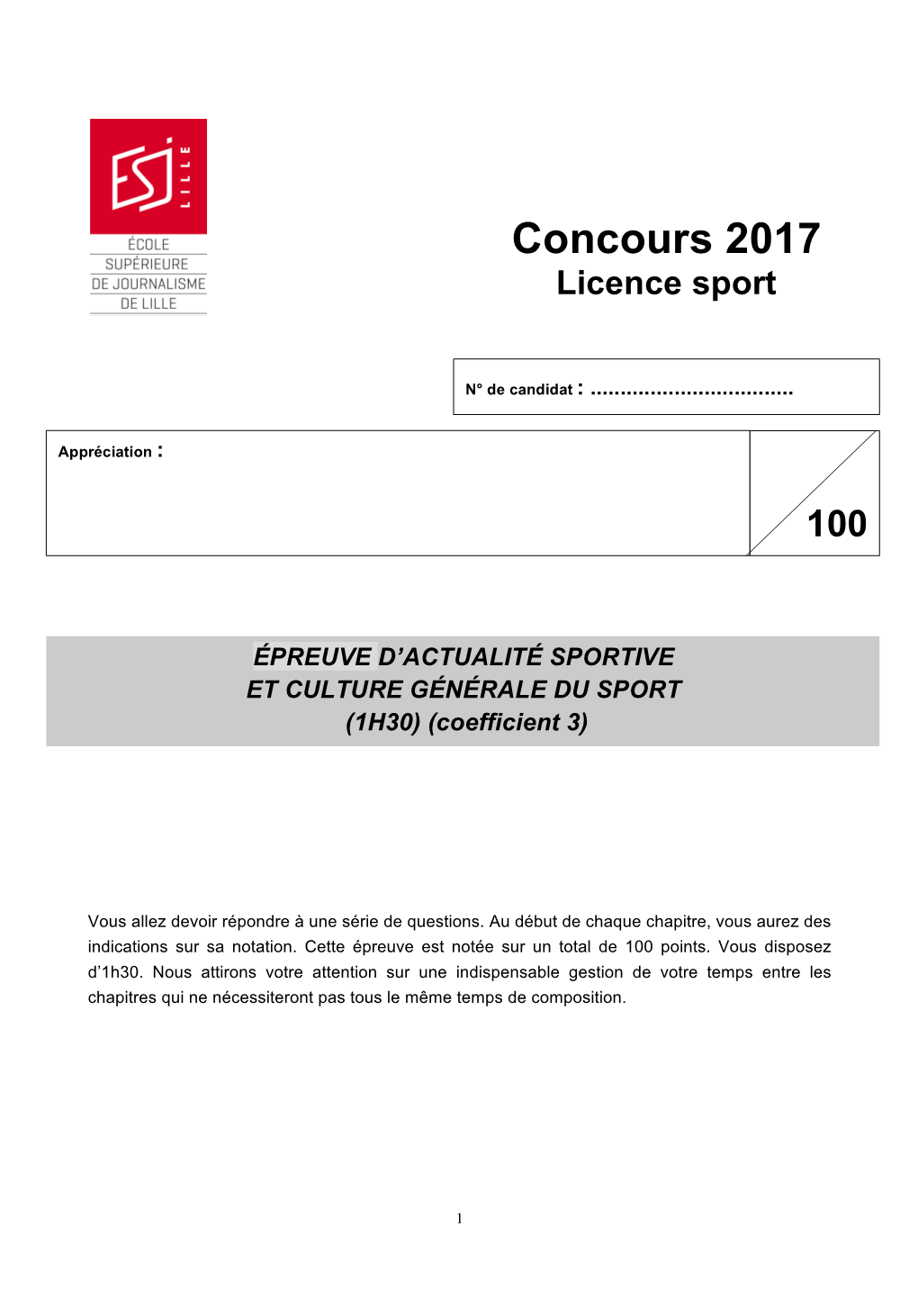 Concours 2017 Licence Sport