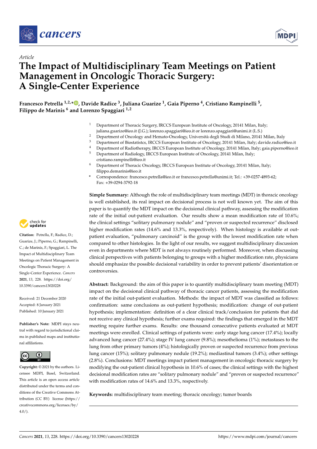 The Impact of Multidisciplinary Team Meetings on Patient Management in Oncologic Thoracic Surgery: a Single-Center Experience