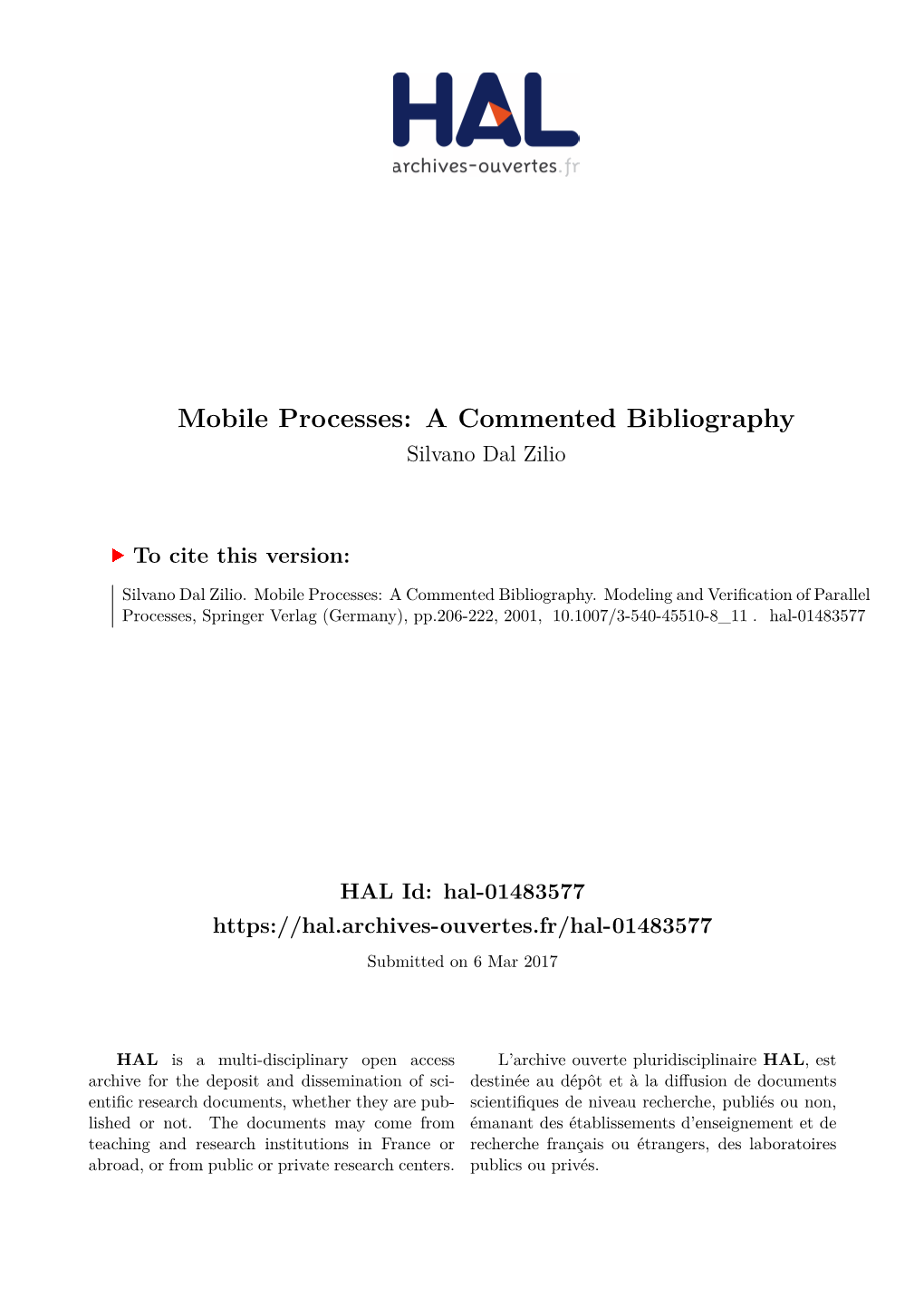 Mobile Processes: a Commented Bibliography Silvano Dal Zilio