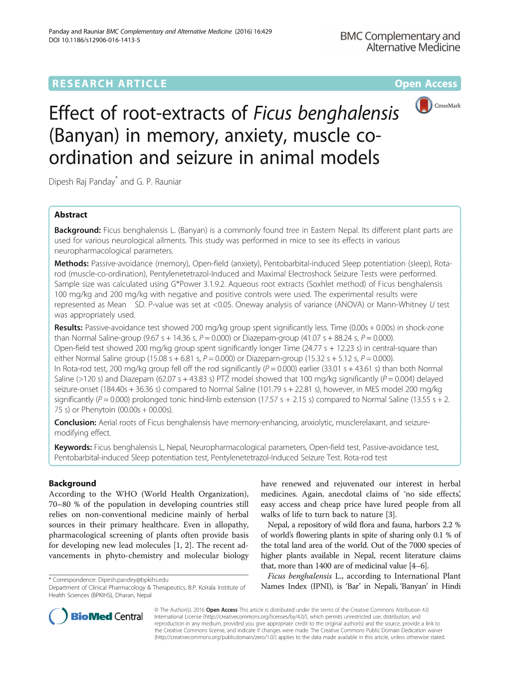 Effect of Root-Extracts of Ficus Benghalensis (Banyan) in Memory, Anxiety, Muscle Co- Ordination and Seizure in Animal Models Dipesh Raj Panday* and G