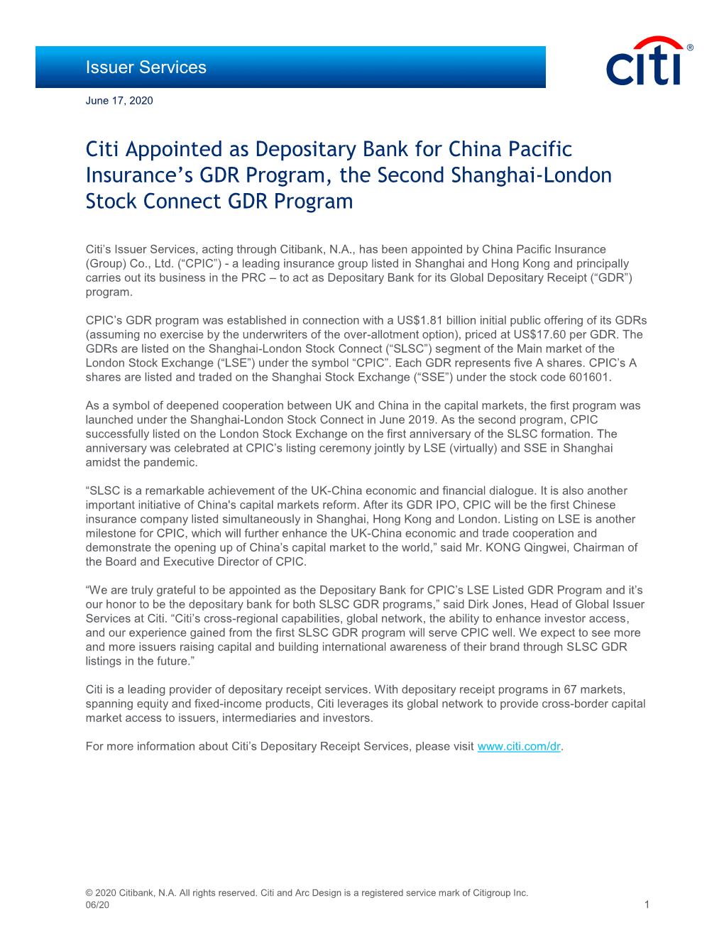 Citi Appointed As Depositary Bank for China Pacific Insurance's GDR