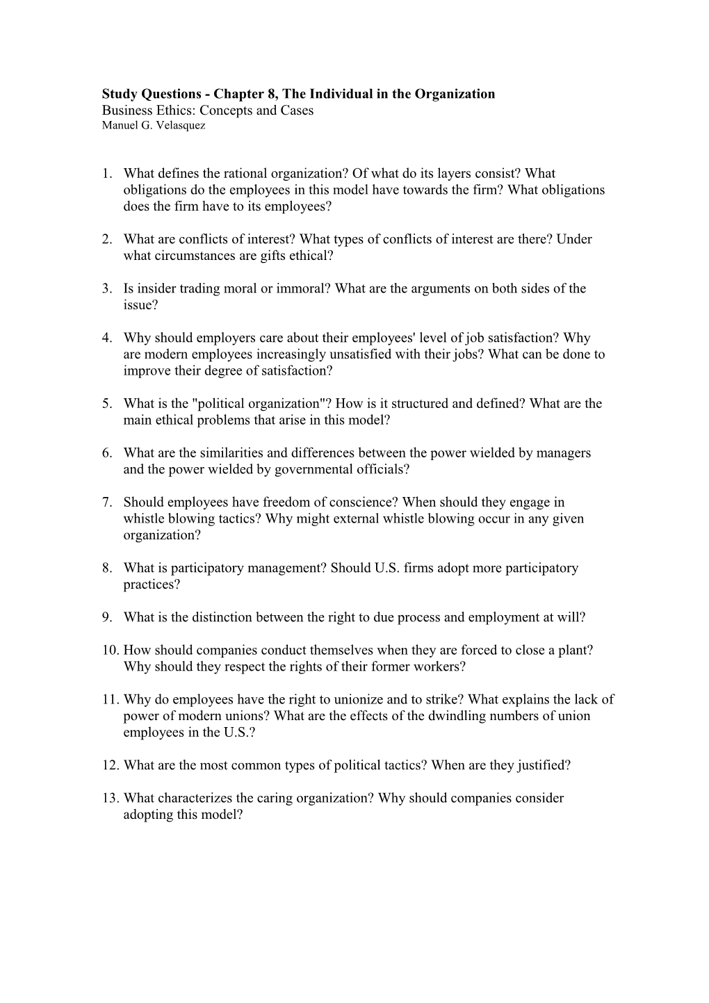 Study Questions - Chapter 8, the Individual in the Organization