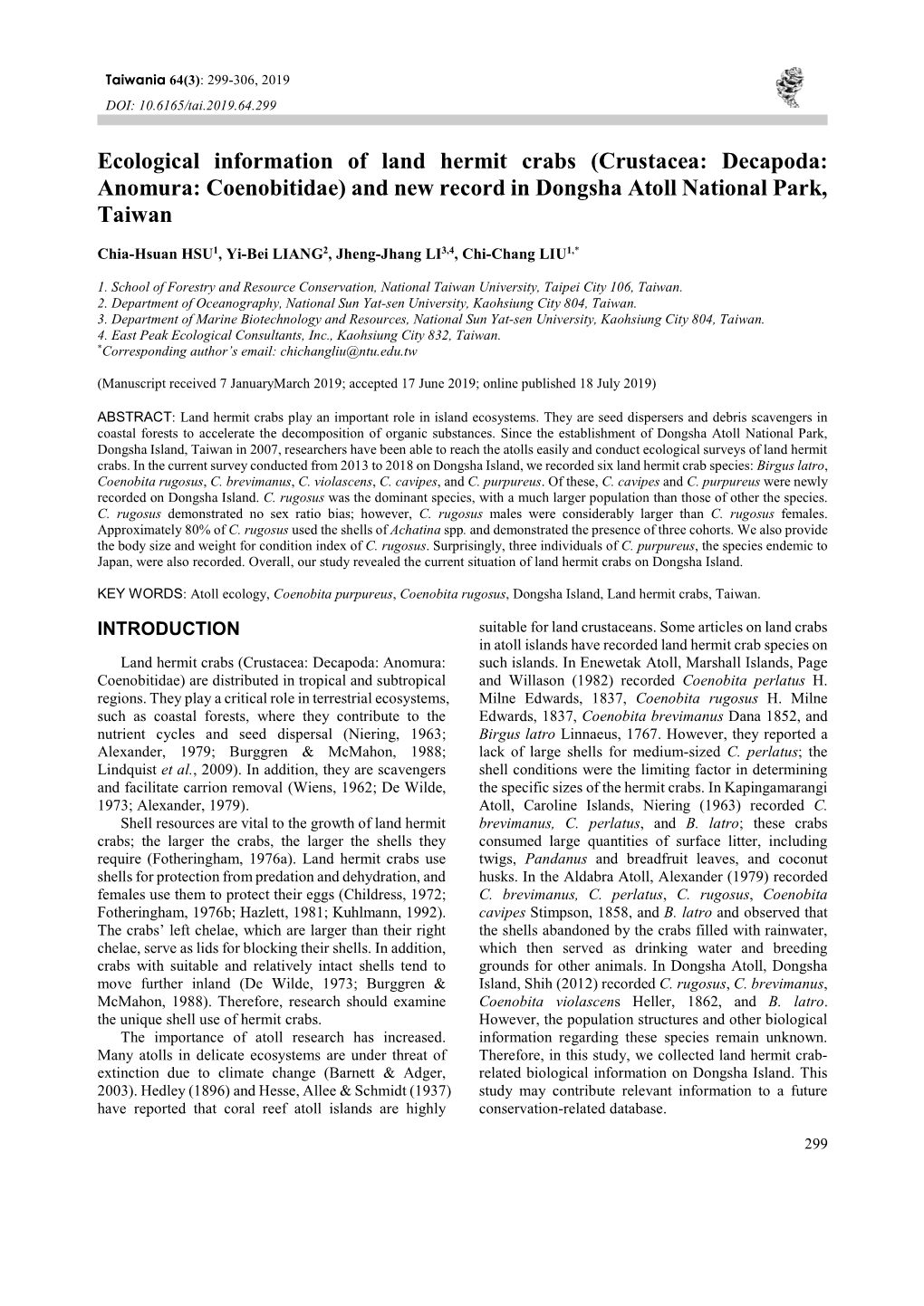 Ecological Information of Land Hermit Crabs (Crustacea: Decapoda: Anomura: Coenobitidae) and New Record in Dongsha Atoll National Park, Taiwan