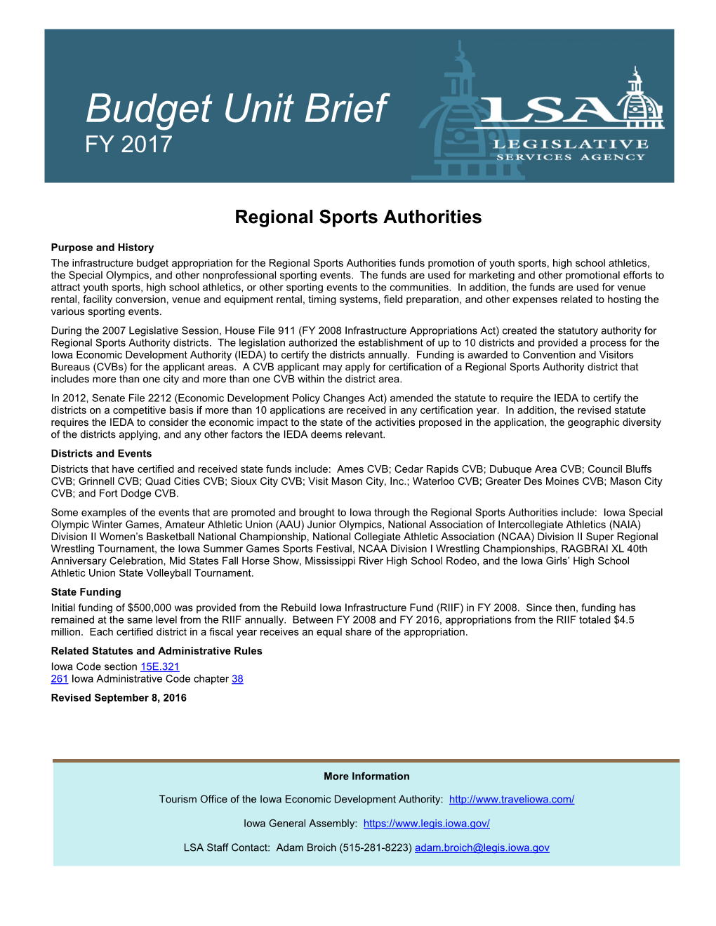 Regional Sports Authorities Budget Unit Brief FY 2017