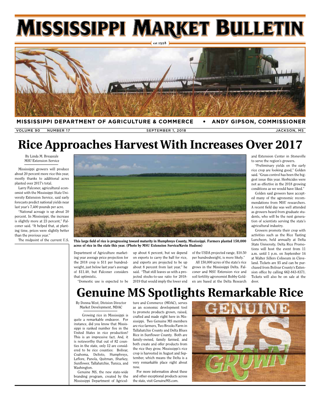 Rice Approaches Harvest with Increases Over 2017 Genuine MS