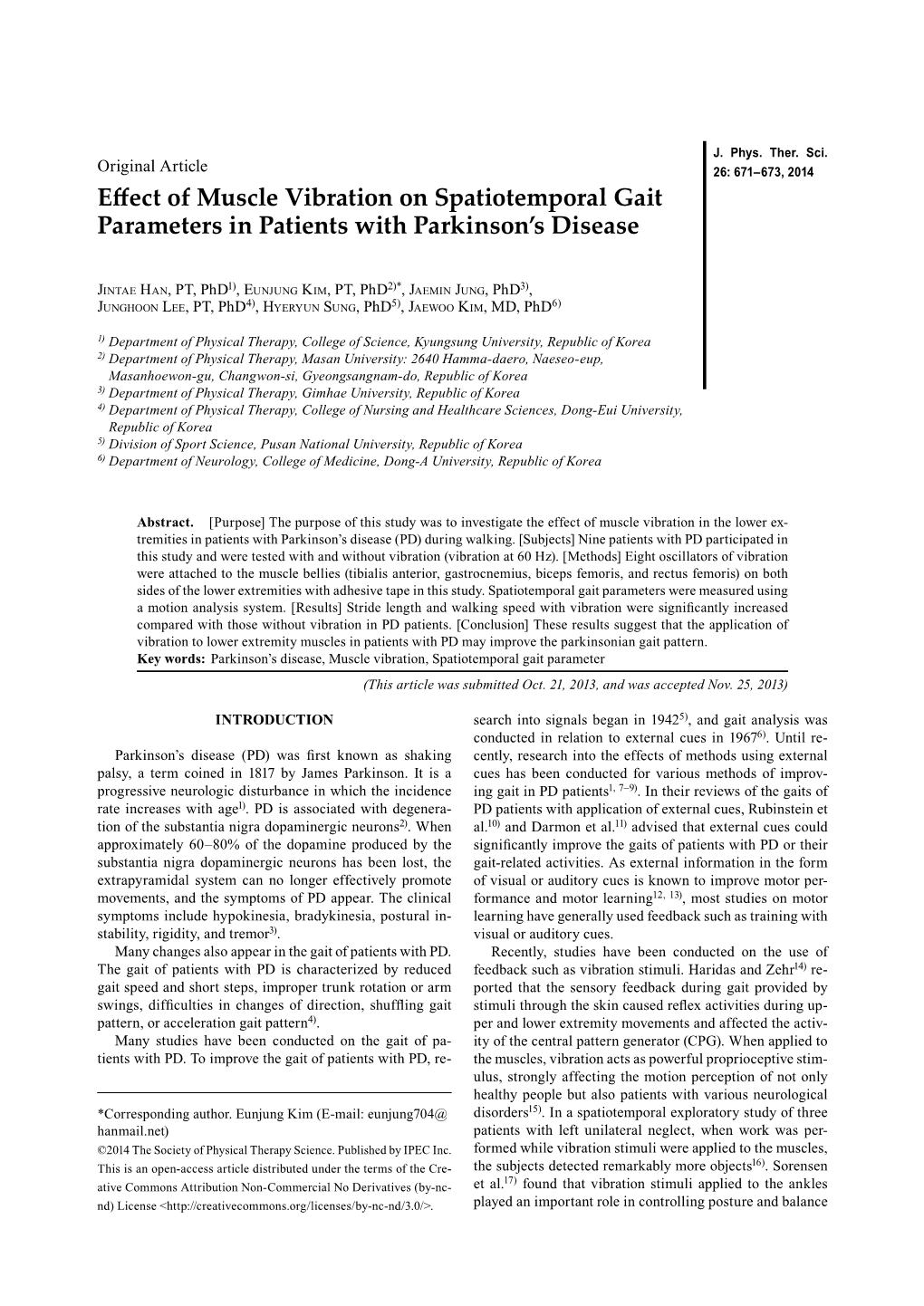 Effect of Muscle Vibration on Spatiotemporal Gait Parameters in Patients with Parkinson's Disease