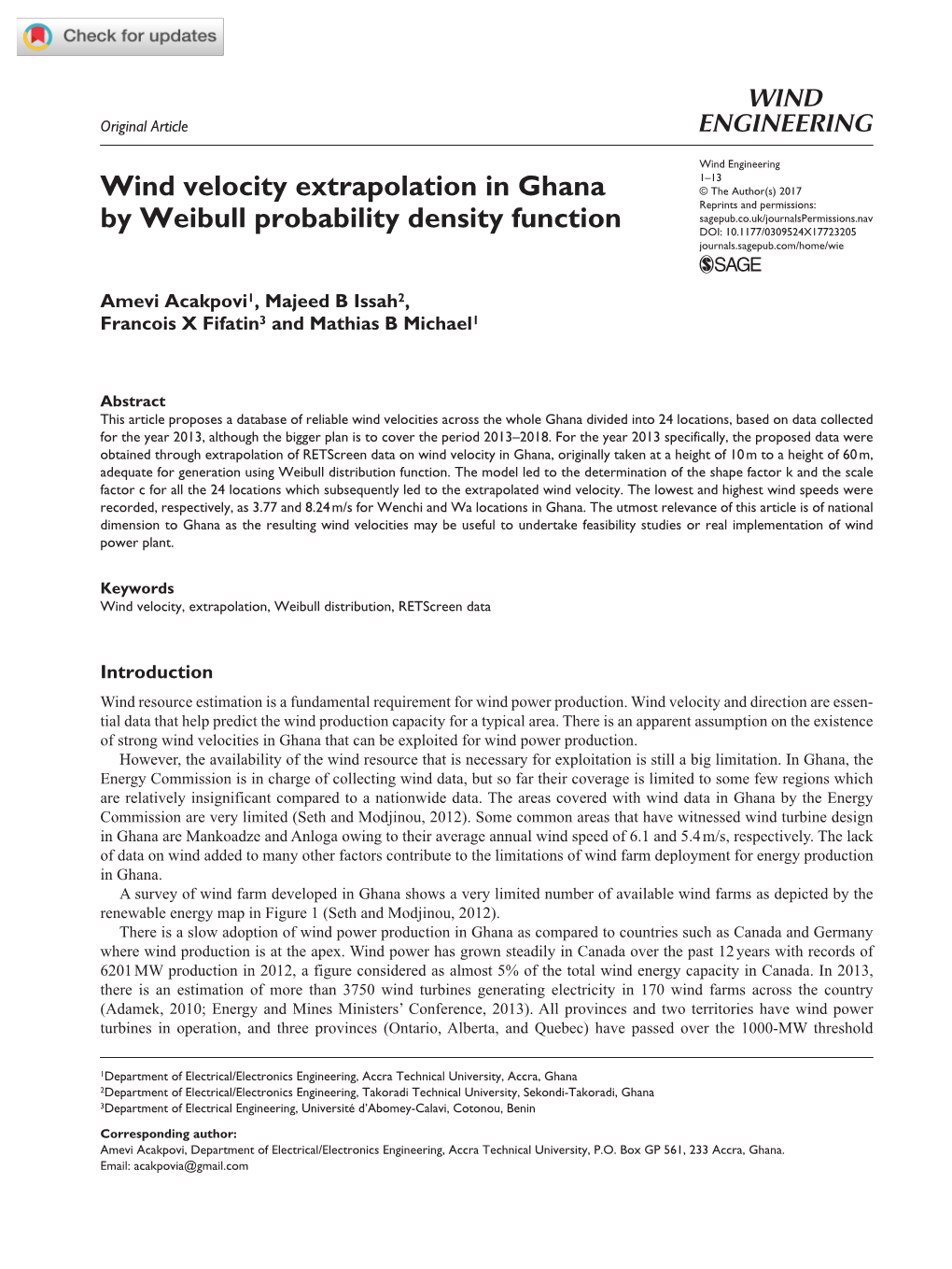 Wind Velocity Extrapolation in Ghana by Weibull Probability Density Function