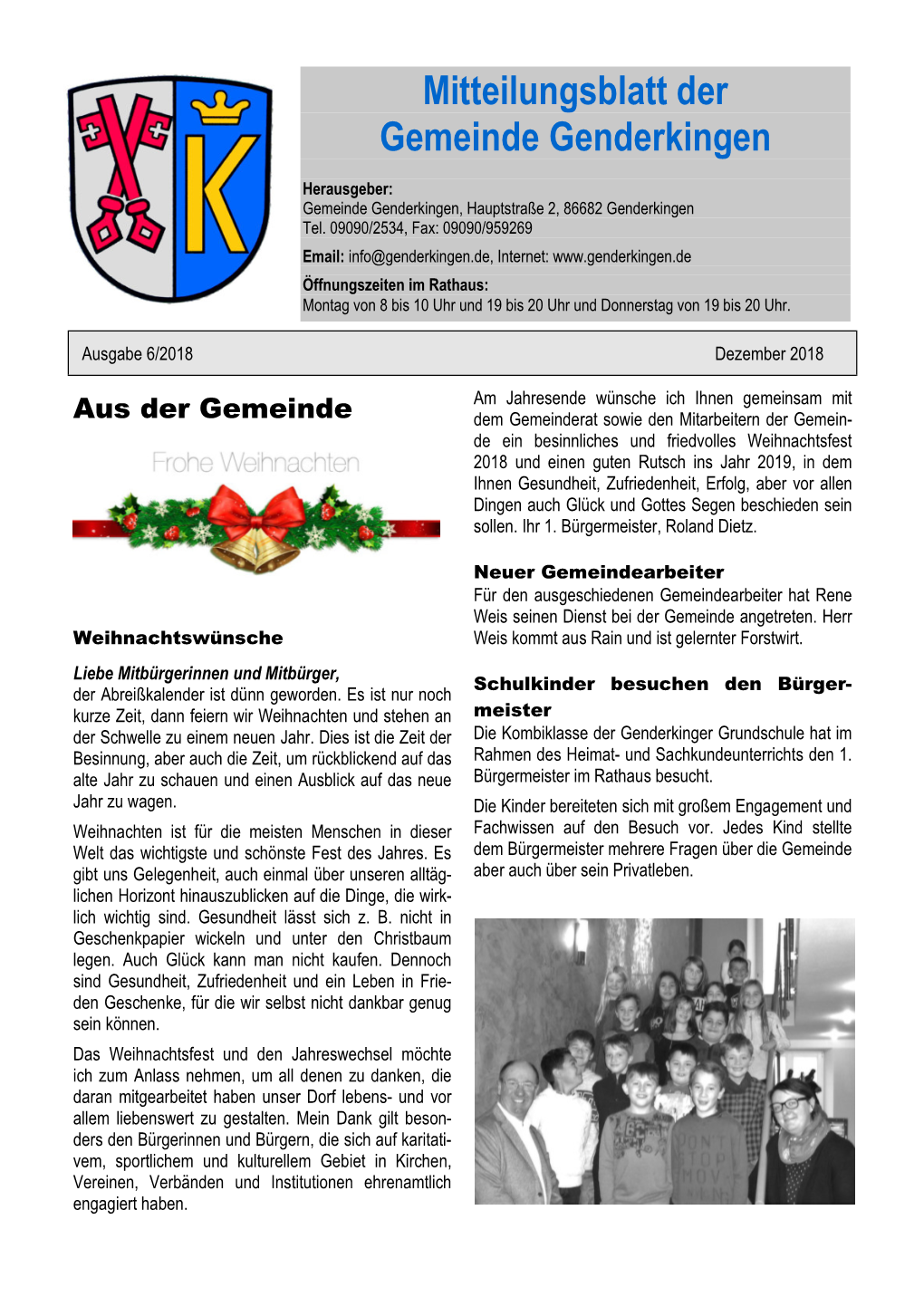 Mitteilungsblatt Der Gemeinde Genderkingen, Seite 2 Dezember 2018