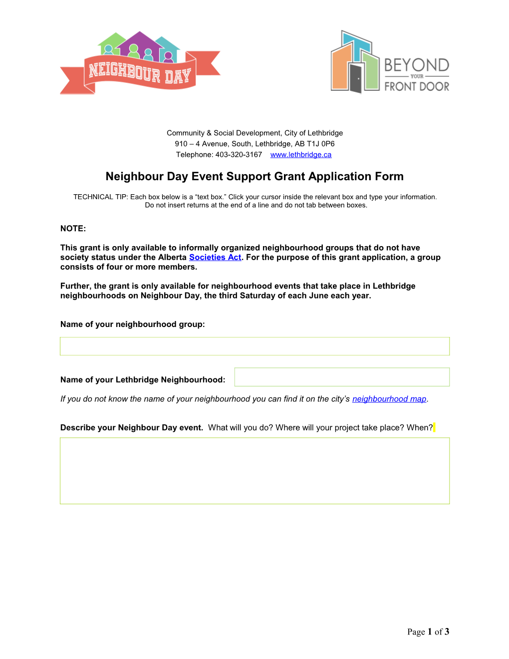 Neighbour Day Event Support Grant Application Form