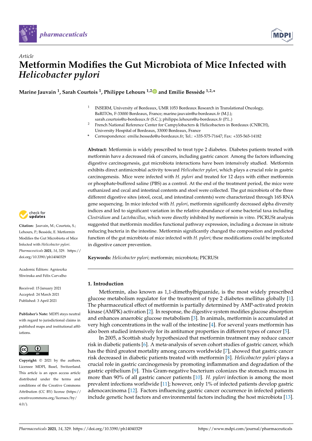 Metformin Modifies the Gut Microbiota of Mice Infected with Helicobacter Pylori