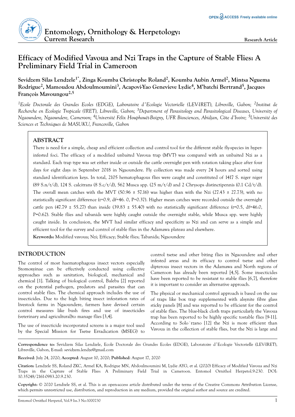 Efficacy of Modified Vavoua and Nzi Traps in the Capture of Stable Flies: a Preliminary Field Trial in Cameroon