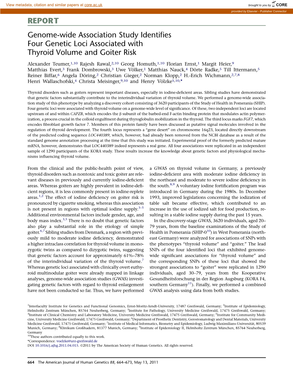 Genome-Wide Association Study Identifies Four Genetic Loci Associated with Thyroid Volume and Goiter Risk