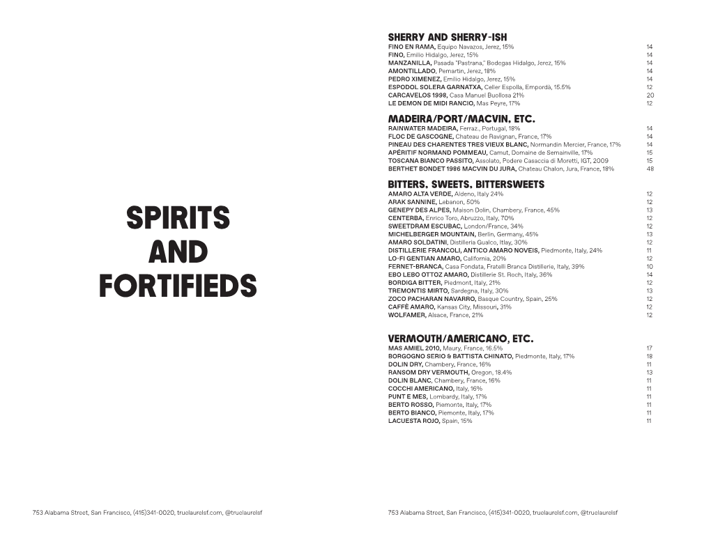 Spirits Menu