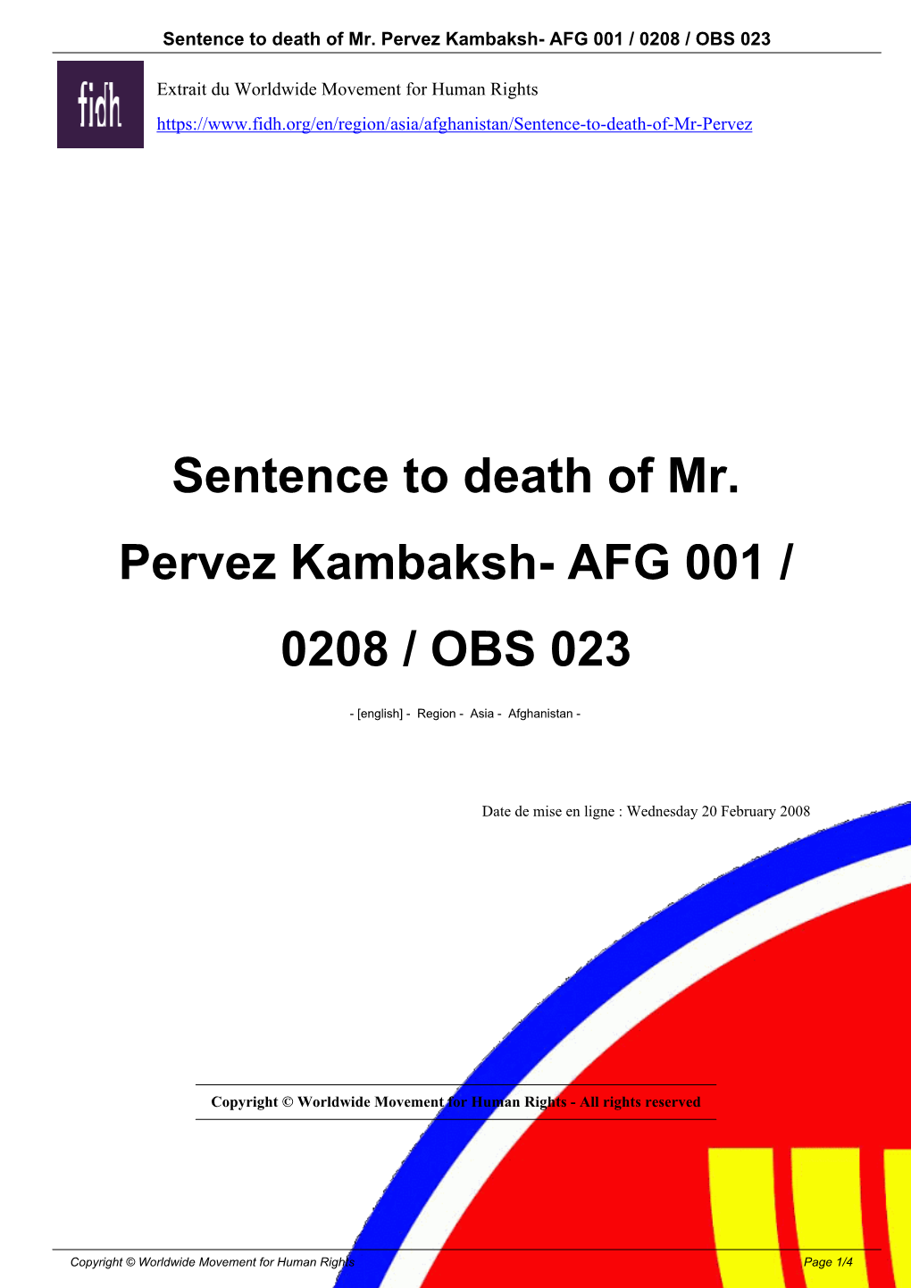 Sentence to Death of Mr. Pervez Kambaksh- AFG 001 / 0208 / OBS 023