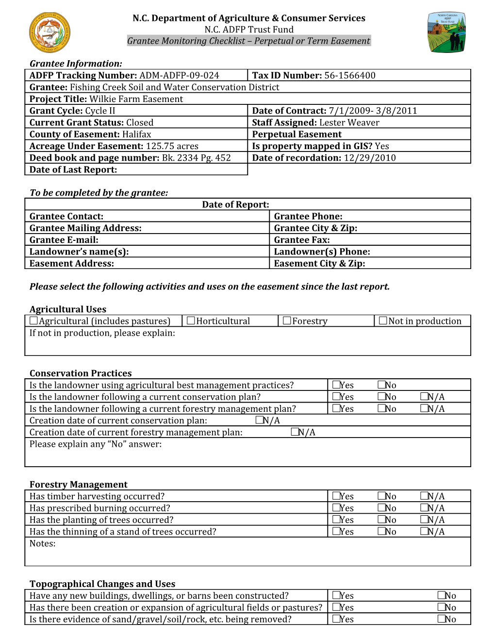 Grantee Monitoring Checklist Perpetual Or Term Easement