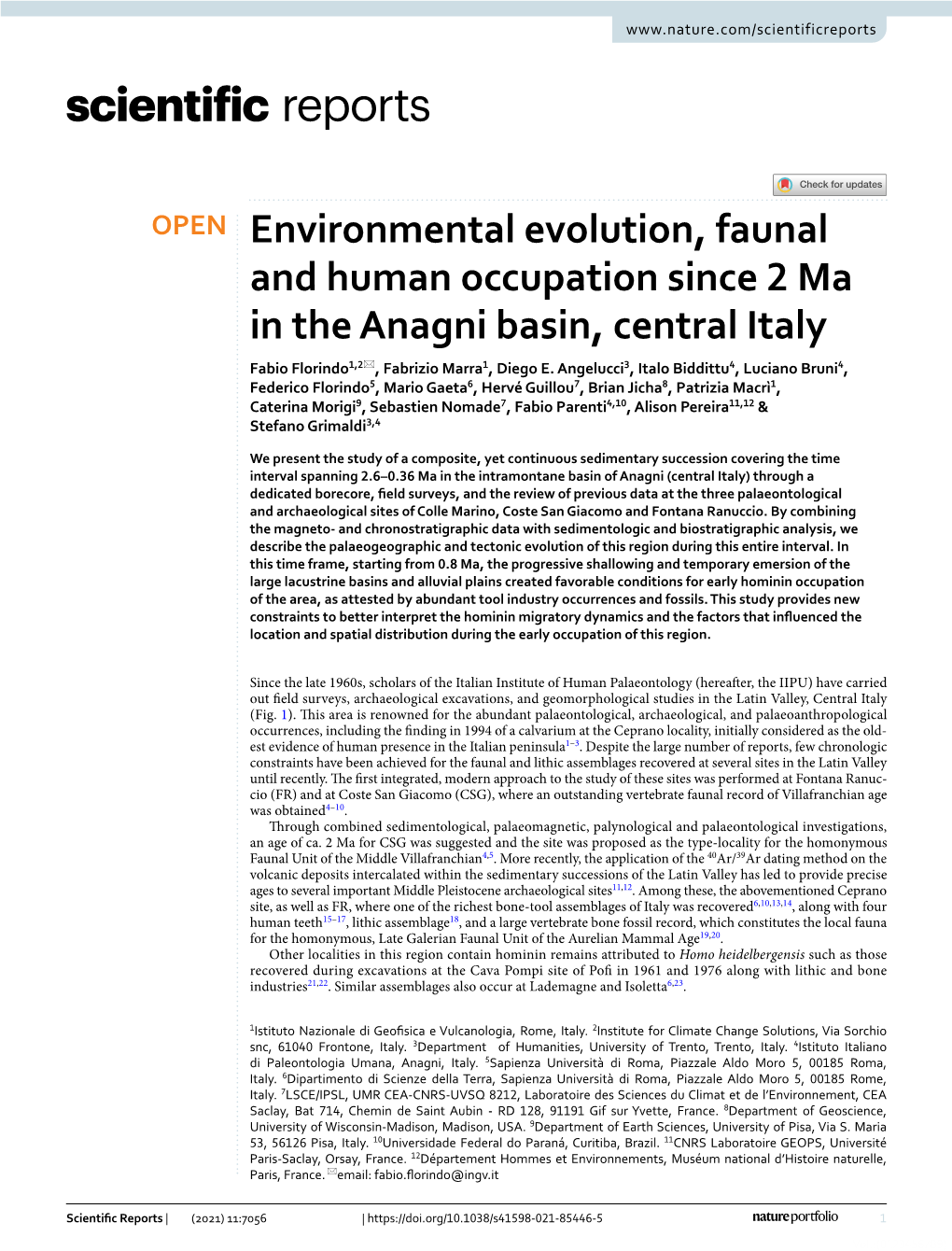 Environmental Evolution, Faunal and Human Occupation Since 2 Ma in the Anagni Basin, Central Italy Fabio Florindo1,2*, Fabrizio Marra1, Diego E