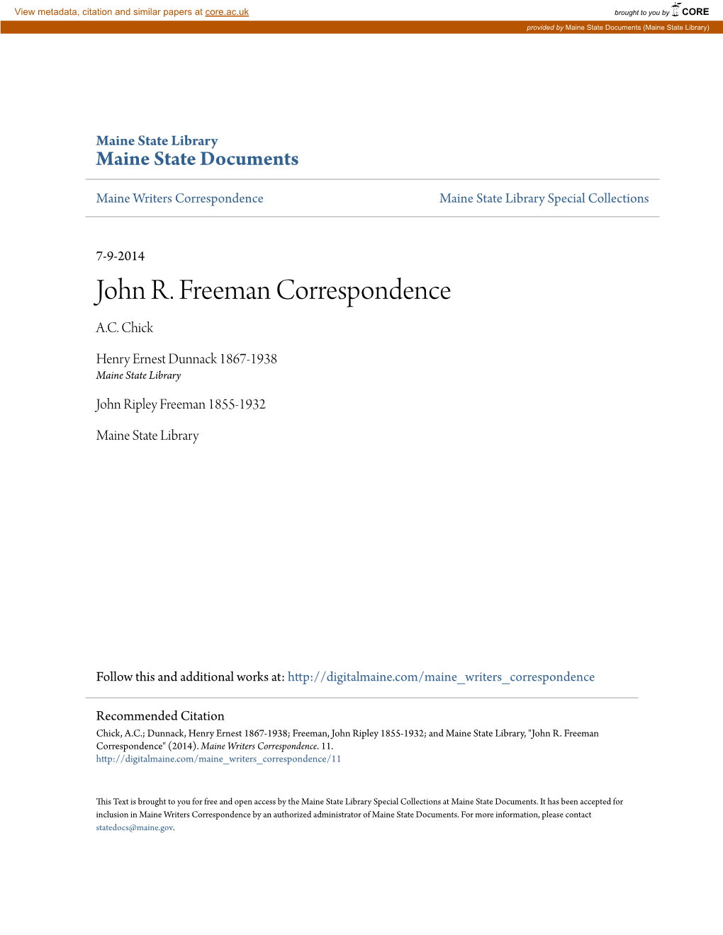 John R. Freeman Correspondence A.C